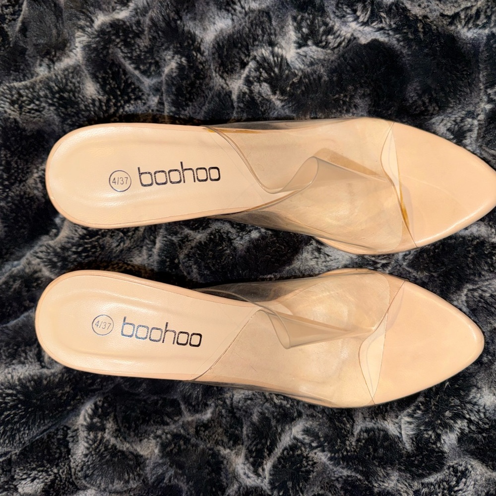 boohoo Nude Pointed Clear Strap Mules, never worn